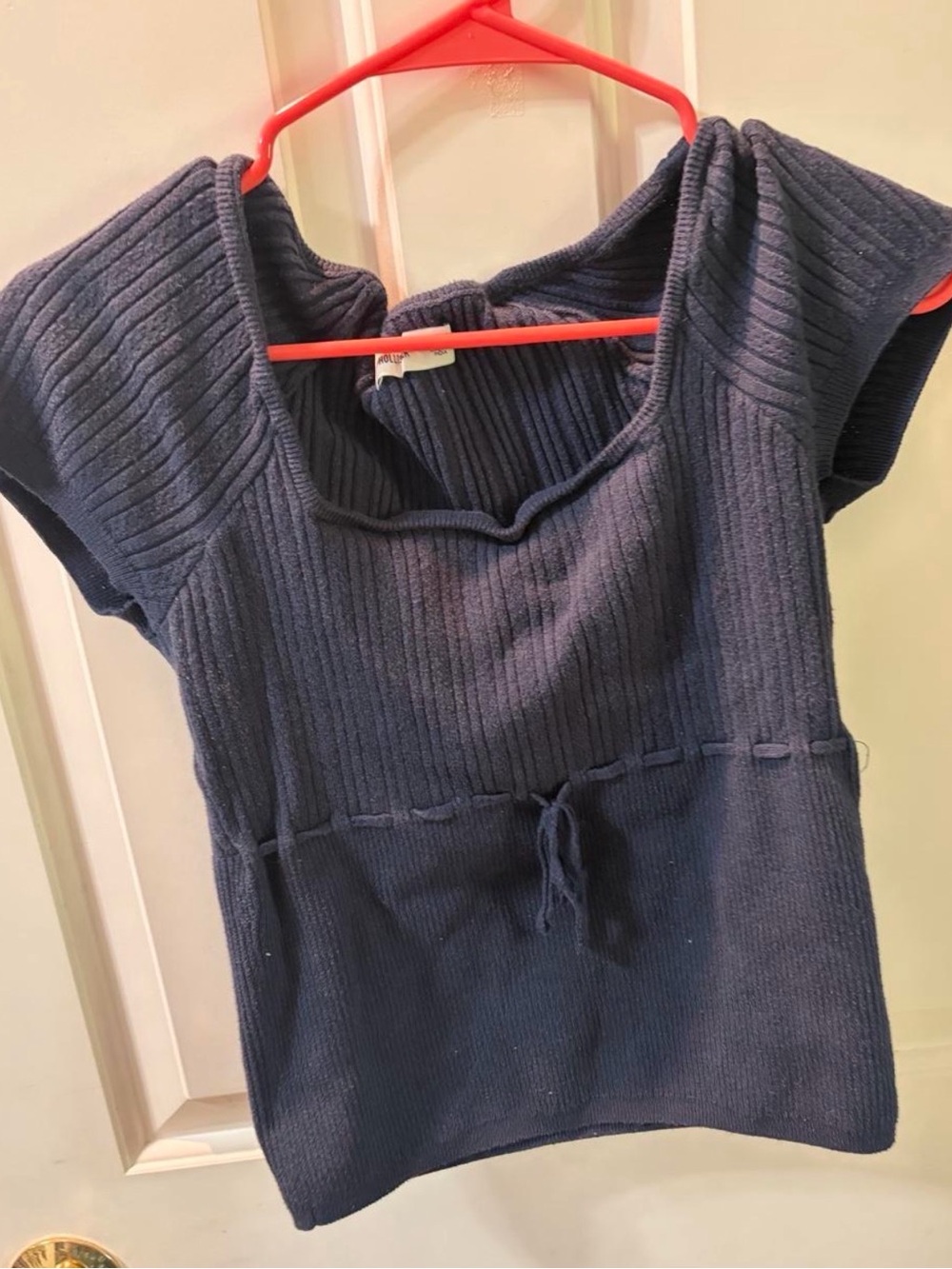 Hollister Navy Ribbed Short Sleeve Tie-Waist Knit Top